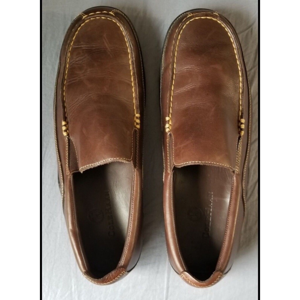 Cole Haan Mens Brown Leather Slipโ On Loafers Vibram Sole Driving Shoes Moc Toe